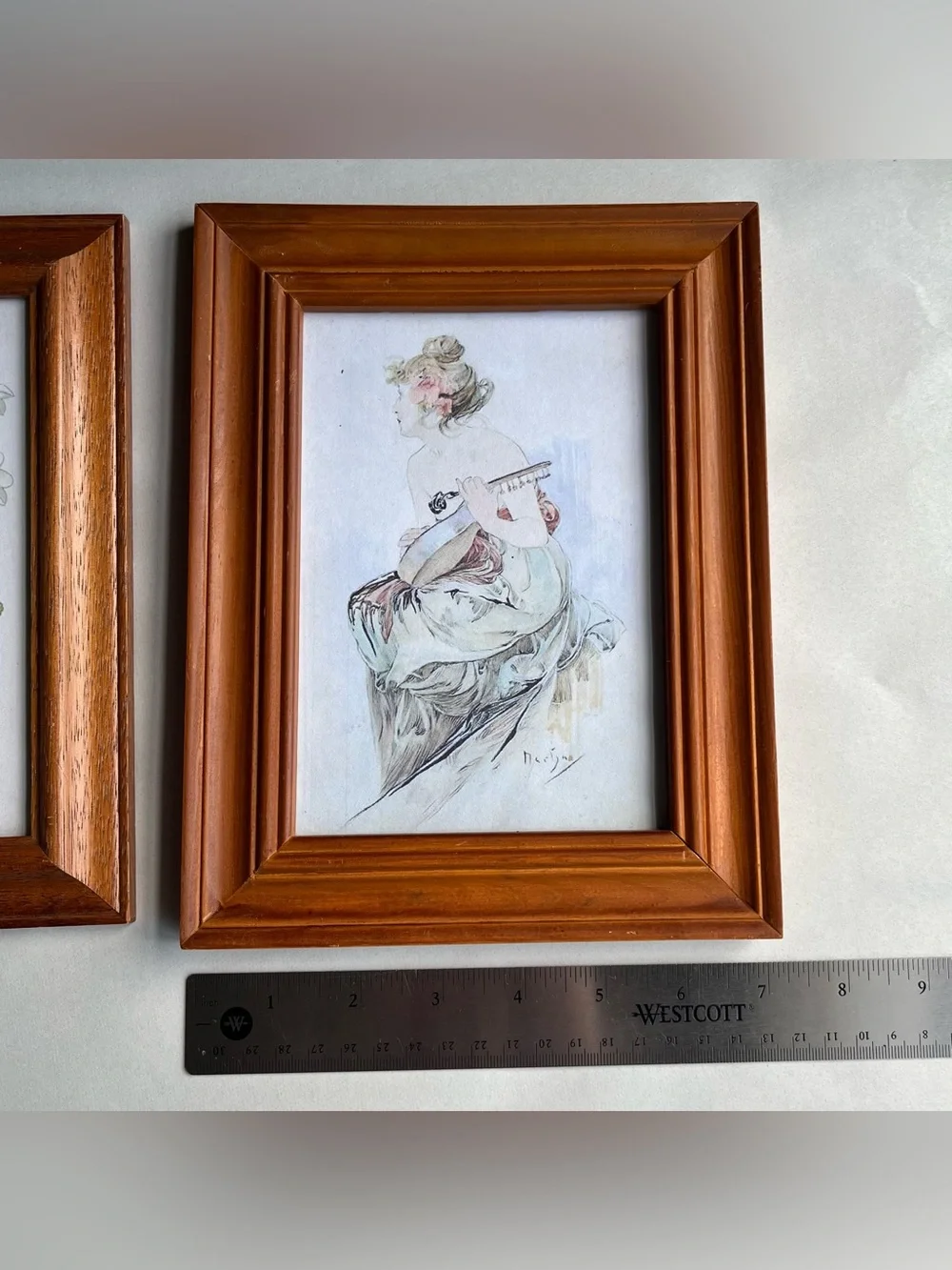 Vintage Honey Tone Wood Picture Photo Frames w/ Fine Art Prints-Set of 2